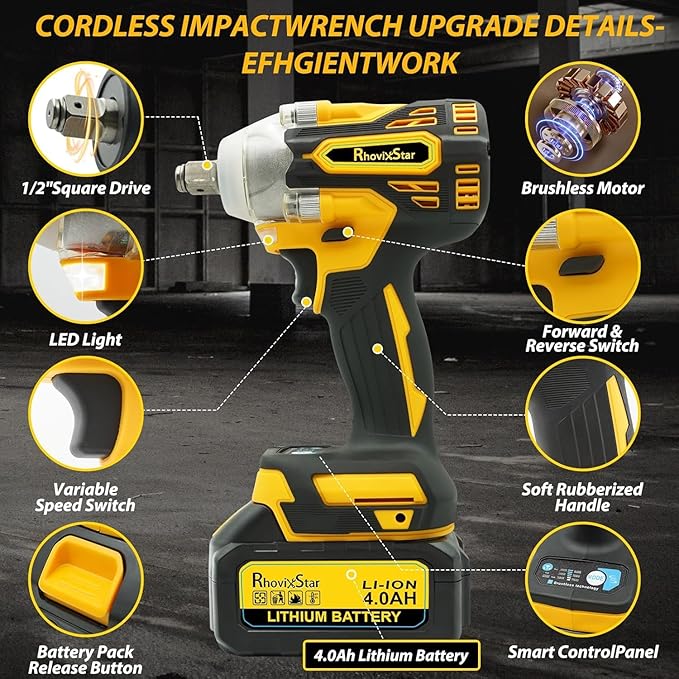 Rhovixster 1/2 Impact Gun, Cordless Impact Wrench Set, 1/2 Torque Impact, Brushless Motor High Torque Impact Guns with Battery and Charger