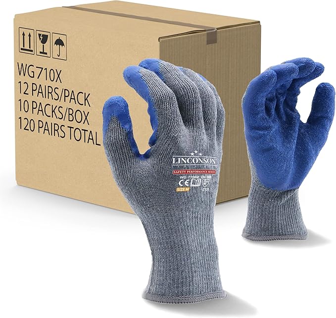 linconson 12 Pairs Extreme Grip Latex Palm Coated Cotton Work Gloves Suitable For Construction, Mechanics and Warehousing