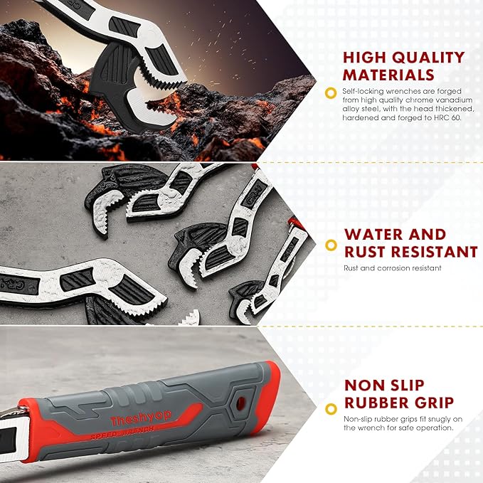 Self-Adjusting Pipe Wrench, 6", 8", 10", 12" Pipe Vise, Multifunctional Self-Locking, 3 Sides Teeth, Universal Adjustable, Plumbers Wrench