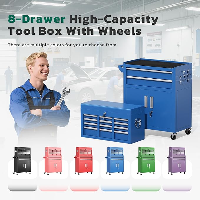 Greenvelly Tool Chest, 8-Drawer Rolling Tool Chest with Hooks and Lockable Wheels,Metal Storage Detachable Top Tool Box with Lockable Wheels for Garage,Workshop,Art Studio(Blue)
