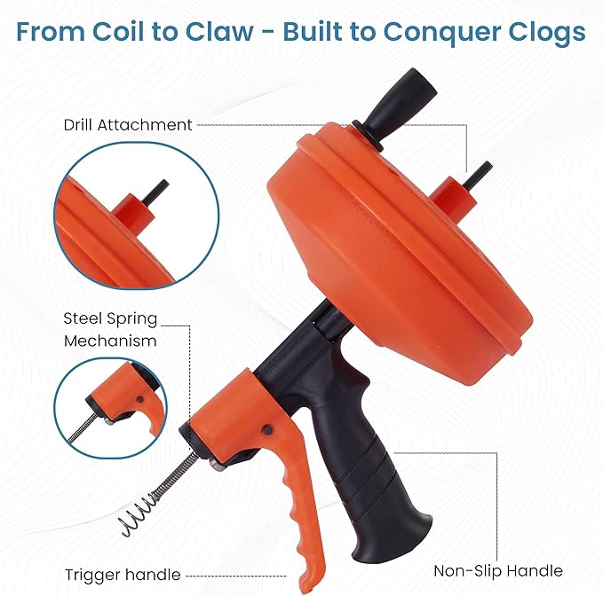 50ft drain auger with Drill Attachment Kit Includes drain snake Gloves Glasses Brushes Plastic Drainers and Bag for Quick Clog Removal