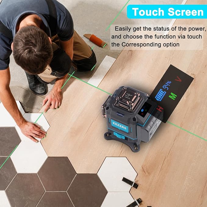 KEZERS Laser Level 360 Self Leveling,4 x 360 Laser Level with Screen Green Laser Level Line tool Leveling and Alignment Laser Tool with Pulse Mode for Construction and Picture Hanging,Remote Control