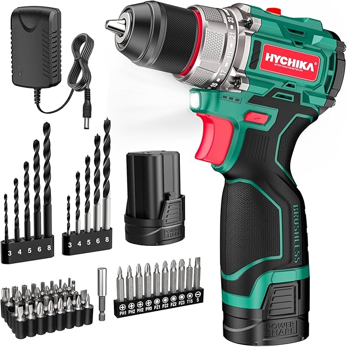 HYCHIKA Upgraded Power Drills Cordless Sets with Charger, Brushless, Compact Drill, with 1 Battery