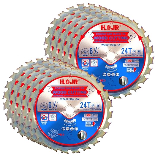 10-Pack 6-1/2" 24-Tooth 5/8“ Arbor Woodworking Circular Saw Blade,Framing/General Purpose, Special Anti-Thermal Adhesion Coating on Cutting Edge - TA,High Finish,Long Life,6-1/2" 24T 5/8"