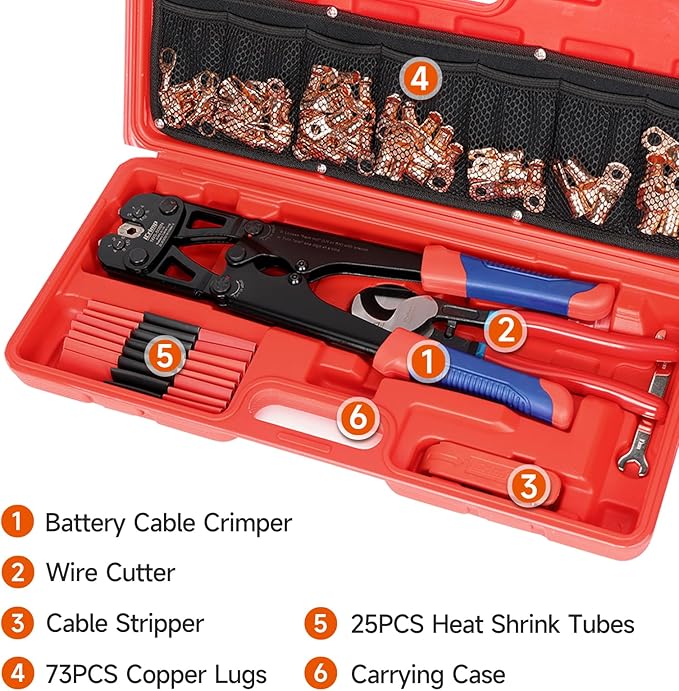 iCrimp Battery Cable Lug Crimping Tool Kit for 8-1/0 AWG - 63pcs Copper Lugs & 25pcs Heat Shrink Tubes, Wire Cutter & Stripper