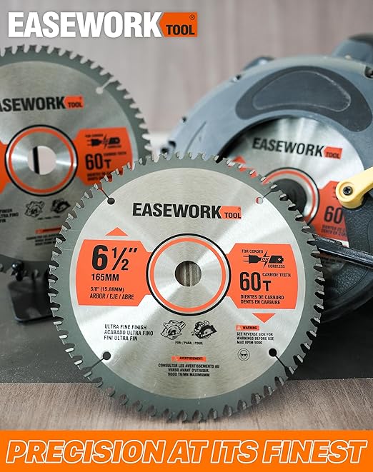 EASEWORK 6-1/2 Inch Circular Saw Blade, 60T, 5/8" Arbor, ATB Carbide Teeth, 3-Pack, Ultra-Fine Finishing for Softwood & Hardwood Crosscutting, Fits DEWALT DCS391B, DCS565B, Makita XSS02Z