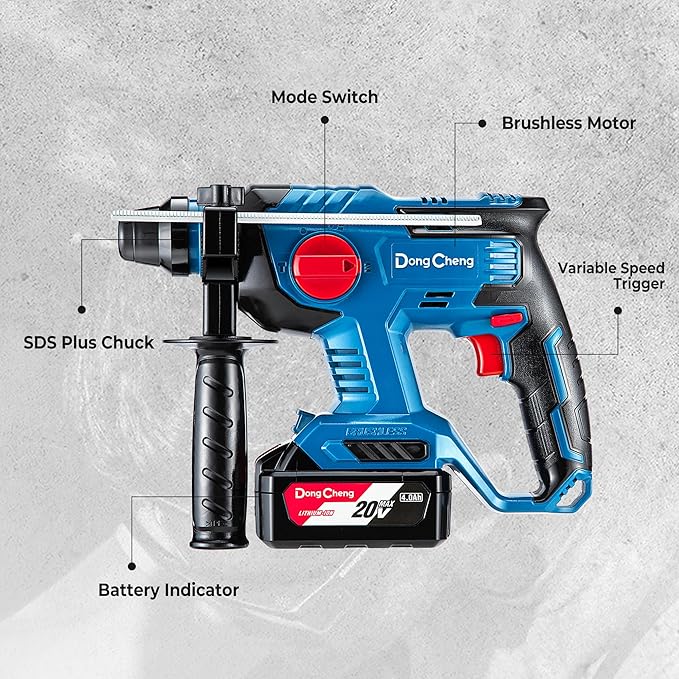 DongCheng 20V Max Cordless Rotary Hammer Drill, 7/8" SDS-Plus, 4 Application Modes, Brushless, 2.1 Joules, Cordless Demolition Hammer for Concrete, Including 4.0Ah Battery and Charger, 4 Drill Bits