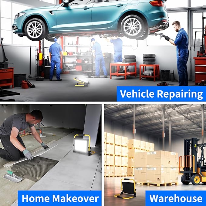 14400LM LED Work Light, 120W Flood Light with 16FT Cord & Switch, Portable Worklight with Stand, 5000K IP66 Waterproof Construction Lighting for Job Site Repairing Workshop Garage