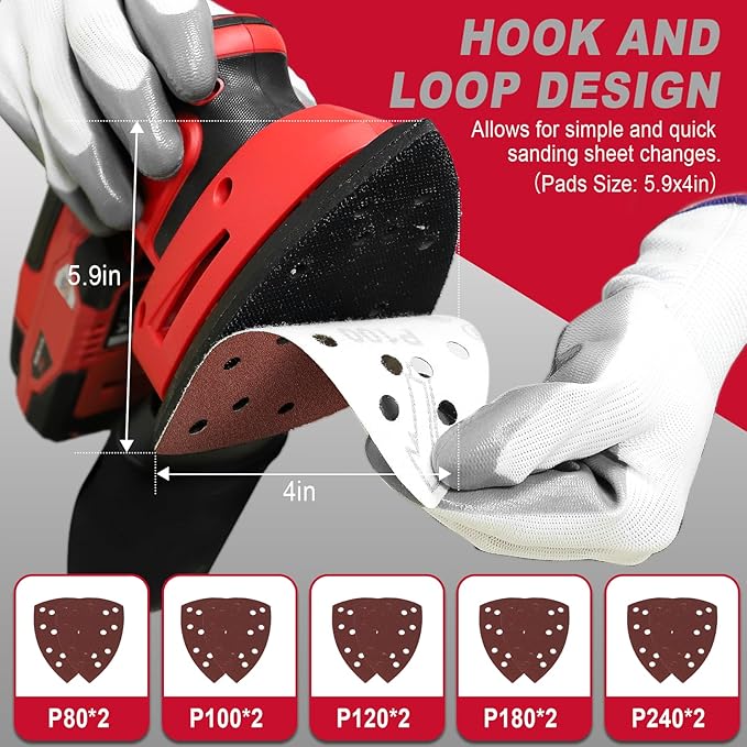 1.9Amp Cordless Detail Sander Compatible with Milwaukee 18v Battery, Dust Collector, Brushless 12,000 OPM Speed, Compact Soft Palm Grip, 10pcs Sanding Pads, 2.0Ah Charger & Battery Kit (Red)