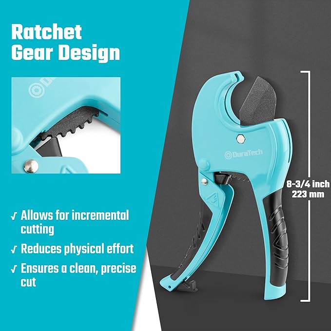 DURATECH Ratchet PVC Pipe Cutter, Cuts up to 1-5/8" PEX, PPR, PE and Plastic Hoses, with PTFE-Coated Sharp Blade,Suitable for Home and Plumbing Repairs