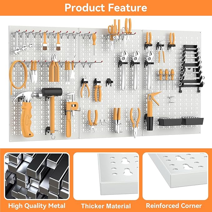 WALMANN Metal Pegboard Tool Organizer Boards with Pegboard Hooks, 24x48in Tools Organizer Pegboard for Garage, Workbench, Peg Board, Tool Storage Board with Hooks(Grey)