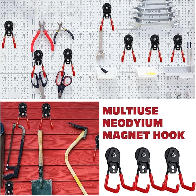 Landhoow Large Magnetic Hooks Heavy Duty Garage Magnet Hooks Strong Storage Utility Magnetic Hangers with Anti Slip Rubber Coating for Indoor and Outdoor Hanging(Red,6 Pcs)