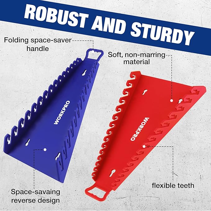 WORKPRO Magnetic Wrench Organizer, 15-Slot Gripper Reverse Wrench Holder for Tool Box, 2-Pack Wrench Rack Fits SAE (1/4” to 1-1/16") and Metric (6mm to 27mm), Flexible Grips, Blue and Red