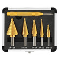 COMOWARE Step Drill Bit Set 5-Piece Titanium-Coated with Automatic Center Punch - Short Length, Double Cutting Blades, High-Speed Steel - Covering 50 Sizes, Complete with Aluminum Case