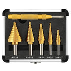 COMOWARE Step Drill Bit Set 5-Piece Titanium-Coated with Automatic Center Punch - Short Length, Double Cutting Blades, High-Speed Steel - Covering 50 Sizes, Complete with Aluminum Case