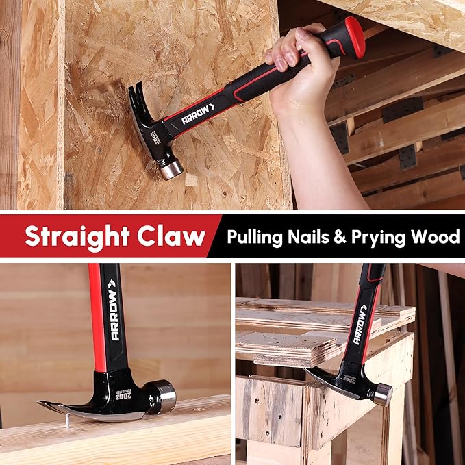 ARROW 20oz Straight Claw Hammer with Magnetic Nail Holder, Smooth Face and Forged Steel Head, Shock-Absorbing Fiberglass Handle, for Carpentry and General Purpose