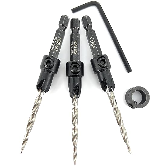 FTG USA Adjustable Wood Countersink Drill Bit Set 3 Pc #8 (11/64"") with Tapered Drill Bit for Woodworking