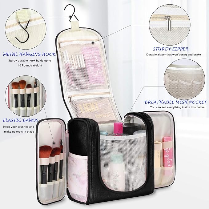 Hanging Toiletry Bag Extra Large Capacity | Premium Travel Organizer Bags For Men And Women | Durable Waterproof Nylon Bathroom, Shower, Makeup Bag For Toiletries, Cosmetics, Brushes