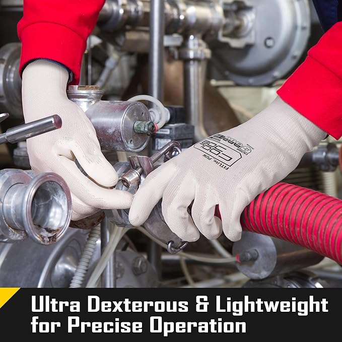 COOLJOB 60 Pairs Safety Work Gloves Pack Bulk with Grip PU Coating, 13 Gauge Seamless Knit Gloves with Polyurethane Dipped for Warehouse Working, Breathable Lightweight for Men Women, White Large