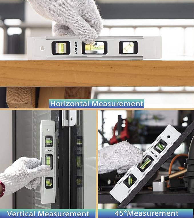 DOWELL Magnetic Torpedo Level Mini Bubble Level Box Spirit Level Alloy Frame 180/90/45 Degree 9-Inch (3, White)
