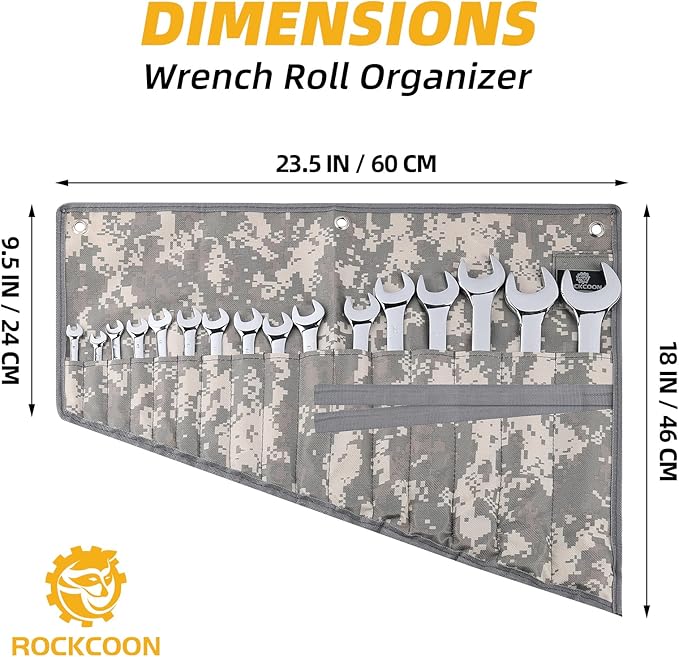16 Pocket Wrench Roll Organizer, Rolled Tool Pouch Bag with Water Proof Oxford Cloth, Light Camouflage
