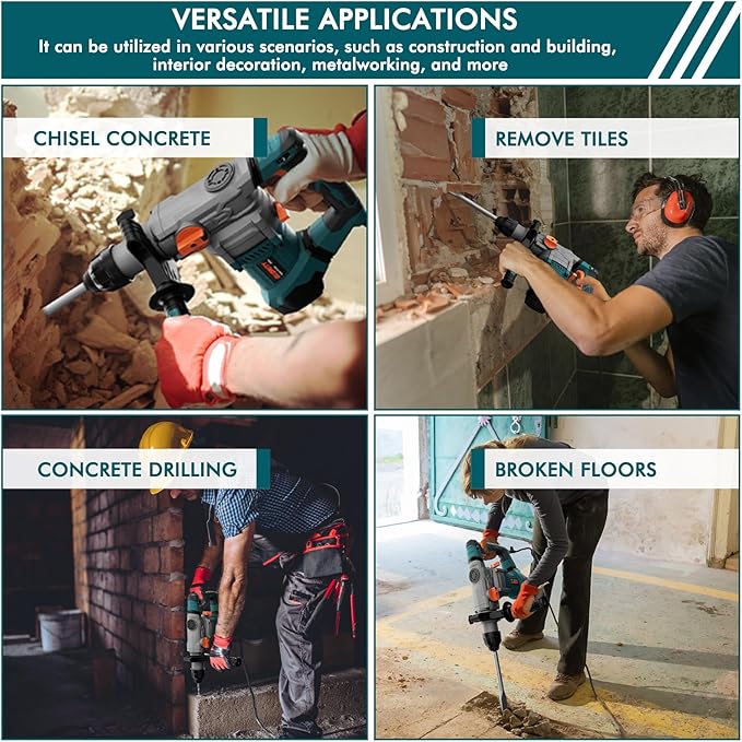 1-1/4 Inch SDS-Plus 13 Amp Heavy Duty Rotary Hammer Drill with Safety Clutch 4 Functions and Variable Speed, Including Chisels and Drill Bits