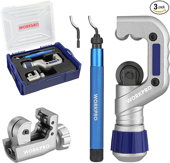 WORKPRO 3 Pieces Tubing Cutter Set - Pipe Cutter with 1/8”-1-1/4” Cutting Capacity, Mini Copper Pipe Cutter with Deburring Tool, Copper, Aluminum, Brass, and Plastic Tubing Cutter