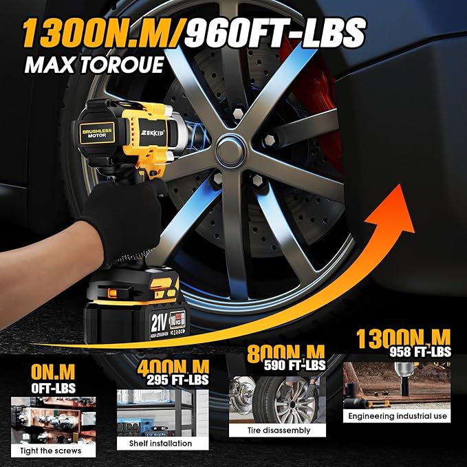 Cordless Impact Wrench, 1/2 Impact Gun, 958Ft-lbs (1300N.m) 3500RPM Brushless High Torque Impact Driver, 2x4000mAh Batteries, Fast Charger & 5 Sockets, Variable Speeds for Car, Truck RV, Mower