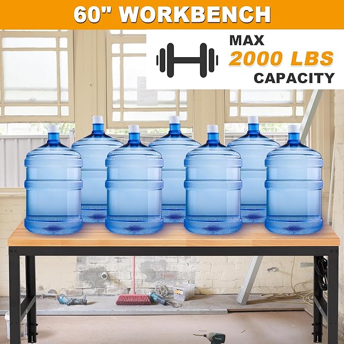 HABUTWAY Height Adjustable Workbench 60" 2000 Lbs Capacity Solid Wood Work Station Heavy-Duty Work Tables with Power Outlets for Garage Party Shop Office