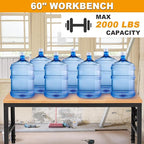 HABUTWAY Height Adjustable Workbench 60" 2000 Lbs Capacity Solid Wood Work Station Heavy-Duty Work Tables with Power Outlets for Garage Party Shop Office