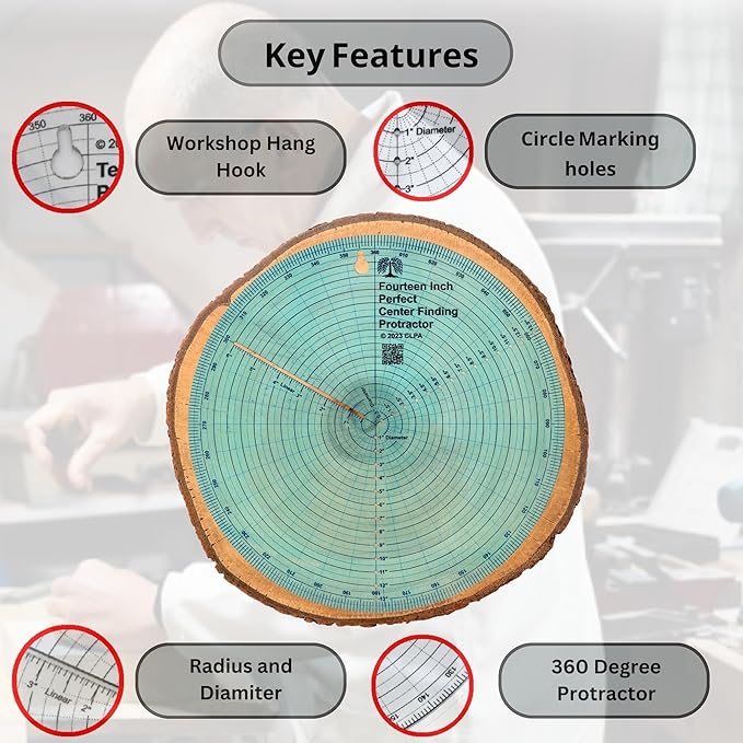 clearly printed 14" circle center finder tool, protractor, and circle maker tool and compass for woodworking and wood turning. Find the center of timber or dowel with our center finder ruler.