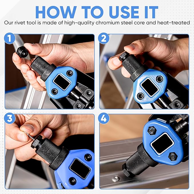 Dual Function Hand Rivet Gun with Rugged Carrying Case – Heavy Duty Single Hand Riveter with 400+ pcs Rivet Nuts, 15 Mandrels, 5 Rivet Nozzles, Blind Rivets for Plastic, Wood, Metal, Leather