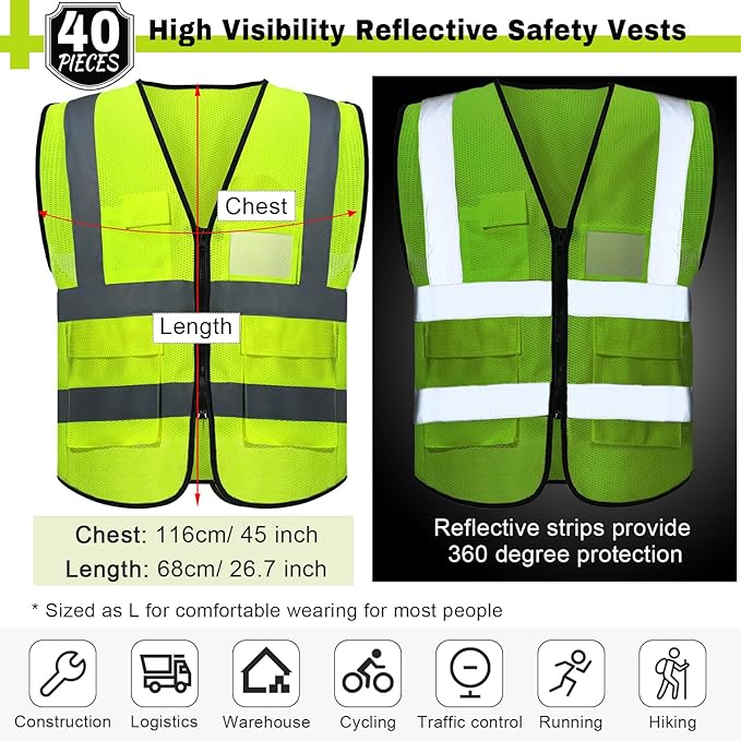 15 Pack Safety Vests Bulk Yellow Reflective High Visibility Vest with Mesh Pocket Zipper, Hi Vis Silver Strip for Men, Neon