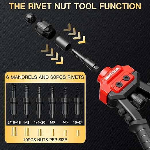 WETOLS 3 in 1 Rivet Nut Tool, Rivet Gun, Reamer Set, Professional Rivet Gun Kit with 5 Rivet Heads and 6 Metric & SAE Mandrels, Hand Riveter Tool with 50 Rivets and 60 Rivet Nuts, Sturdy Case, WE-890