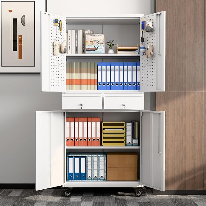 71" H Metal Garage Storage Cabinet with Wheels and Doors,Rolling Tool Cabinet with Pegboard and 2 Lockable Drawer for Garage Warehouse Home,Required Assembly,White