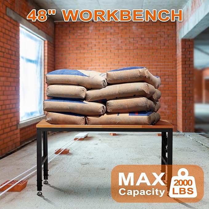Haddockway Adjustable Workbench for Garage,48"x 24" Rubber Wood Top Worktable with Power Outlets, Max 2000 Lbs Load Capacity Heavy Duty Workstation for Workshop Office Home (Black Frame, 48in)