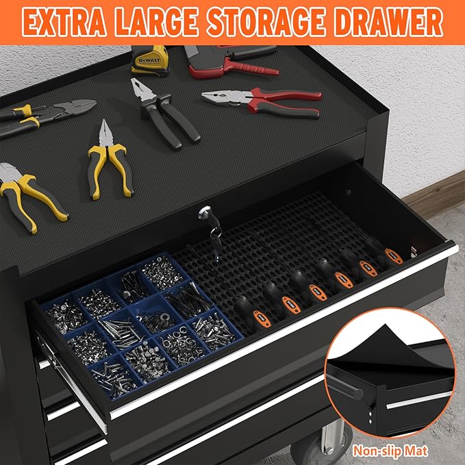 5-Drawer Rolling Tool Chest with Wheels, Metal Tool Box, Large Capacity Tool Storage Cabinet with Keyed Locking, Tool Organizer Box for Garage, Workshop, Warehouse -Black