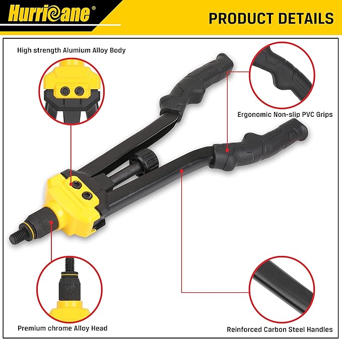 HURRICANE 16” Rivet Nut Tool, Hand Rivet Nut Tool with 13 Metric and SAE Mandrels, 130Pcs Threaded Rivet Nuts, Auto Release Nutsert Rivnut Tool, Durable Riveter Nutsert Hand Tool, Sturdy Plastic Case