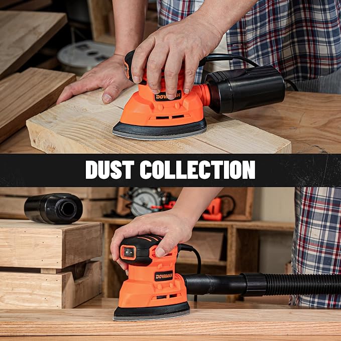 DLS03A Detail Sander, 130W Palm Sander Tool, Dust Collection System, 12PCS Sandpaper, 12000RPM Compact Hand Sander for Wood Steel Surfaces