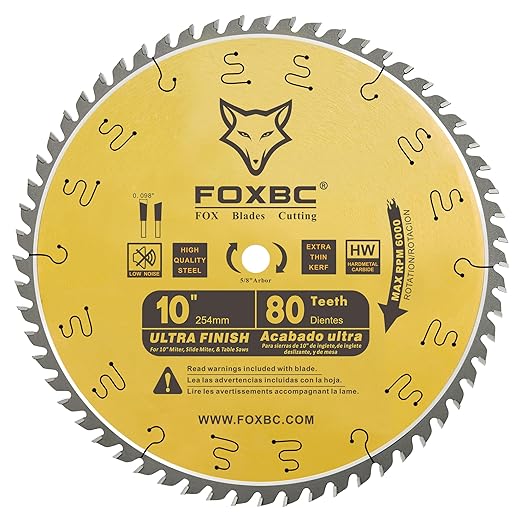 FOXBC 10-Inch Table Saw Blade, 80-Tooth, Ultra Finish Wood Cutting, 5/8-Inch Arbor
