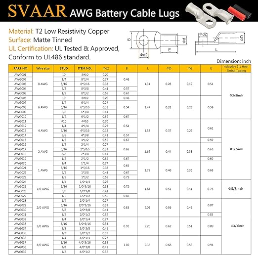 0000 Gauge Tinned Copper Cable Lugs 8 PCS 4/0 AWG-1/2(M12) Ring Terminal Heavy Duty Wire Lugs Battery Lugs, 8 PCS 4/0 Guage terminals Battery Cable Ends Connectors with 8 PCS 3:1 Heat Shrink Tube