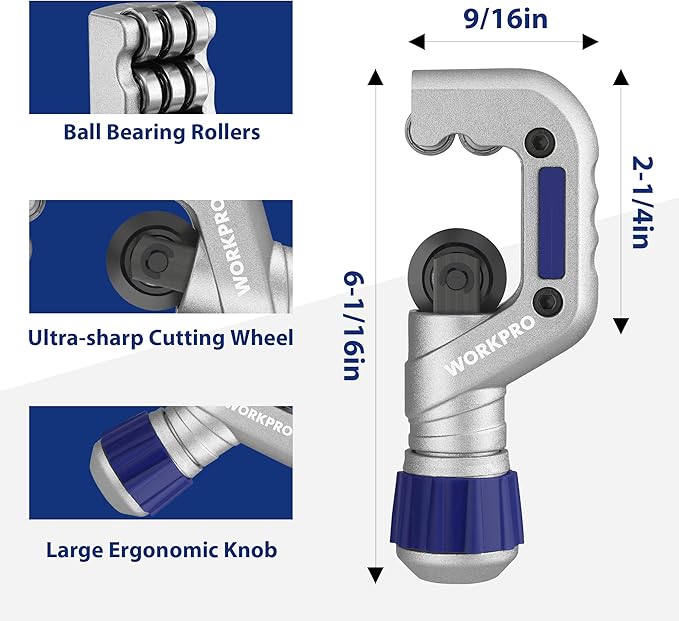 WORKPRO 3 Pieces Tubing Cutter Set - Pipe Cutter with 1/8”-1-1/4” Cutting Capacity, Mini Copper Pipe Cutter with Deburring Tool, Copper, Aluminum, Brass, and Plastic Tubing Cutter