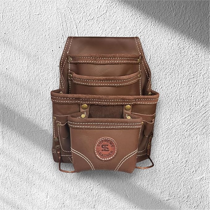 Supreme Leather Tool Pouch for Construction Carpenter Tool Bag Electrician's Pouch | 10 Pockets 2 Stainless Steel Hammer Holders Top Grain Leather Bag