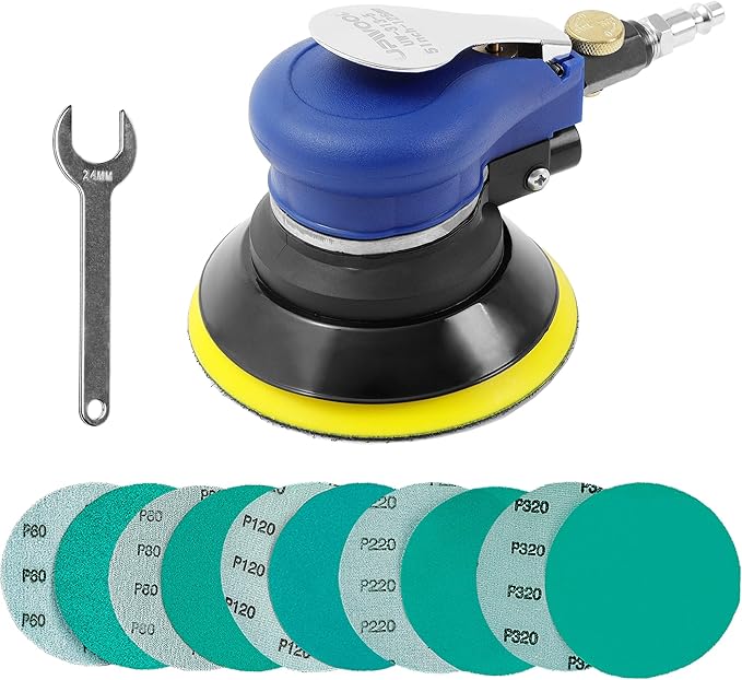 Air Random Orbital Sander by UPWOOD, Pneumatic Palm Sander With 10 Pcs Sandpapers for Auto Body Work, Woodworking (5 Inch)