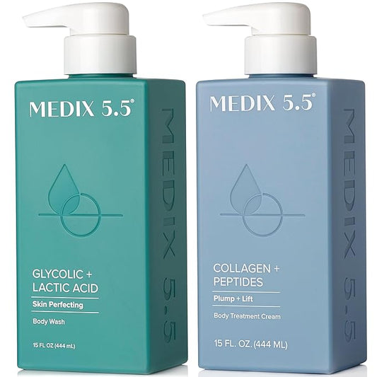 Medix 5.5 Exfoliating AHA Glycolic Acid Face & Body Scrub Cleanser + Collagen Moisturizing Body Cream Lotion Skin Care 2PC Set | Alpha Hydroxy Acid & Lactic Acid Foaming Body Wash & Face Wash, 2-PC-VeraVaultWomen
