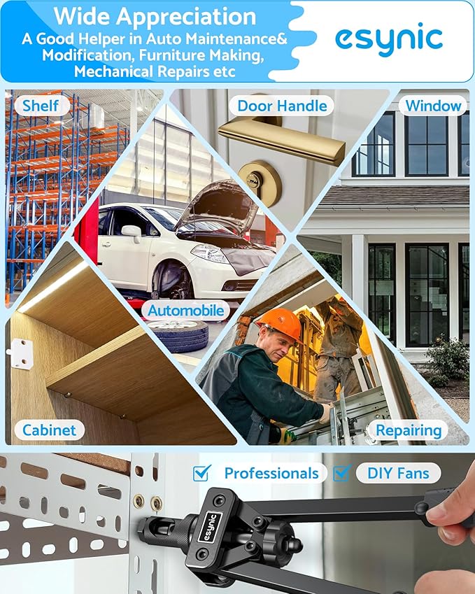 eSynic Professional Rivet Nut Tool Kit - 14" Heavy Duty Rivnut Gun with 6 Mandrels & 80pcs Nuts- Metric & SAE Thread Set for Metal/Wood/Auto Repair, Ergonomic Comfort Grips & Carrying Case Included