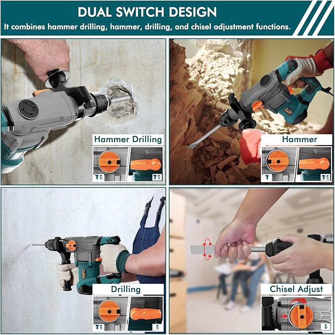 1-1/4 Inch SDS-Plus 13 Amp Heavy Duty Rotary Hammer Drill with Safety Clutch 4 Functions and Variable Speed, Including Chisels and Drill Bits