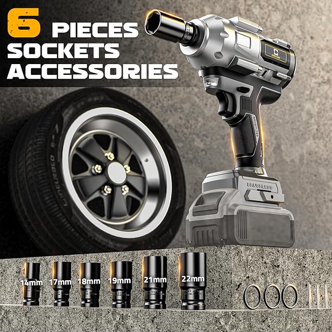 Cordless Impact Wrench 1/2 inch for Dewalt Battery 900FT-LBS with 6 Sockets and Durable Toolbox Brushless Impact Gun Includes LED Work Light (950Ft-lbs Wrench with 6 Sockets)