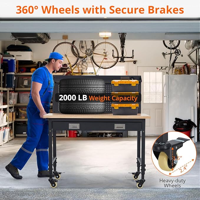 48x24 Inch Garage Workbench with Wheels, Adjustable Rubber Wood Top Garage Workbench with Power Outlet, 2000 Lbs Load Capacity, for Workshop, Woodworking, Office, Home.