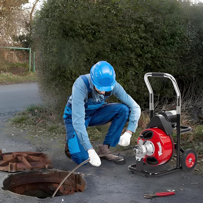 75Ft 3/8 Inch Electric Drain Cleaner Machine Auto Feed Drain Auger for 1 to 4 Inch Pipes Professional Sewer Snake with 4 Cutters Gloves Heavy Duty Clog Remover